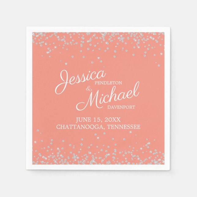 Coral Silver White Glitter Wedding Reception Napkin (Front)