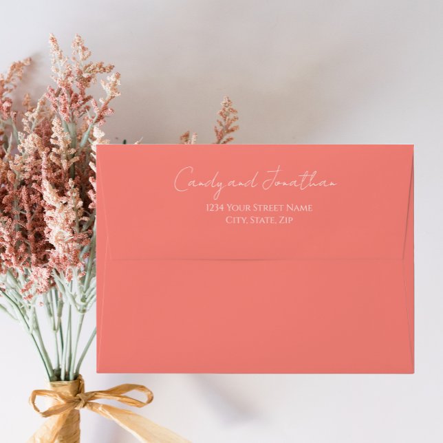 Coral Simple Style Modern Script Wedding Envelope (In Situ Flowers)