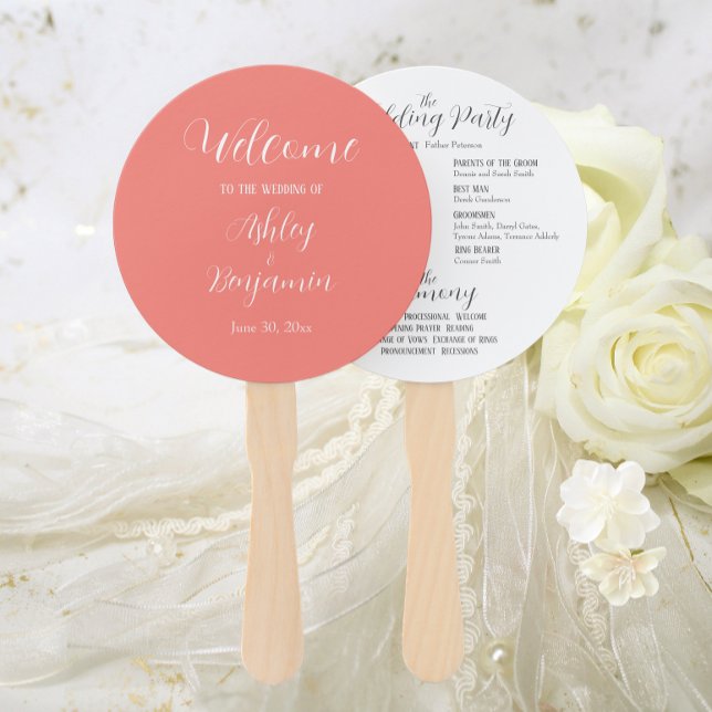 Coral Simple Wedding Ceremony Program Hand Fan (In Situ Wedding)