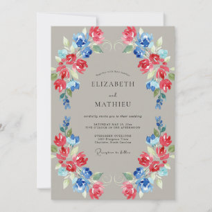 Coral Slate Blue Floral Arch Wedding Invitation