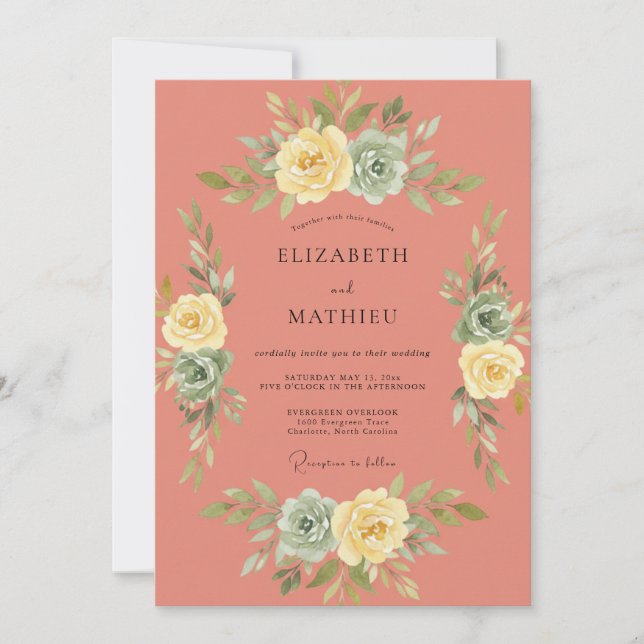 Coral Soft Botanical Flourish Wedding Invitation (Front)