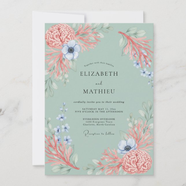 Coral Soft Botanical Wedding Invitation (Front)
