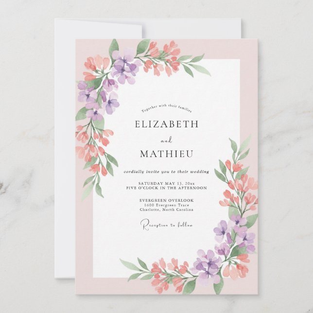 Coral Soft Lilac Wildflower Wedding Invitation (Front)