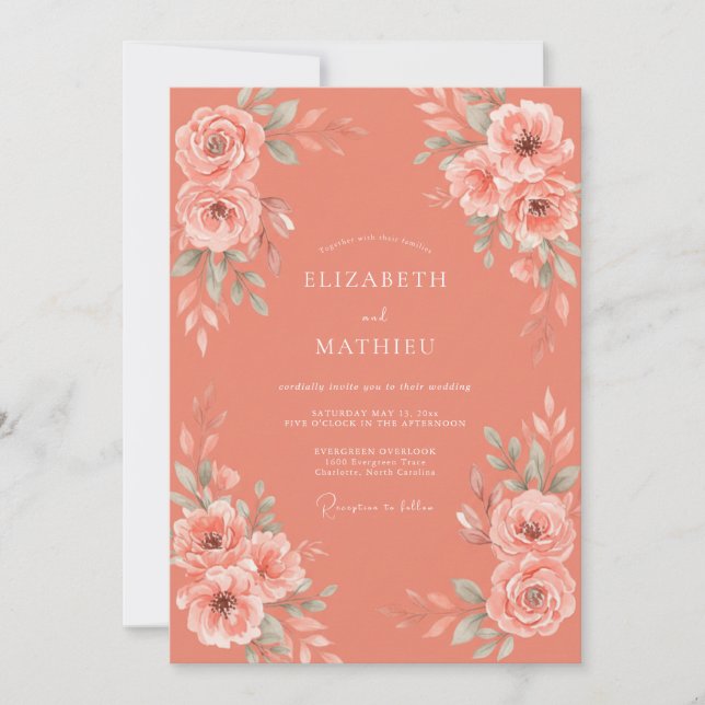 Coral Soft Watercolor Botanical Wedding Invitation (Front)