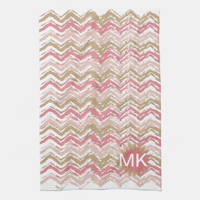 Coral Spice Scribble ZigZag Chevron Pattern Tea Towel (Vertical)