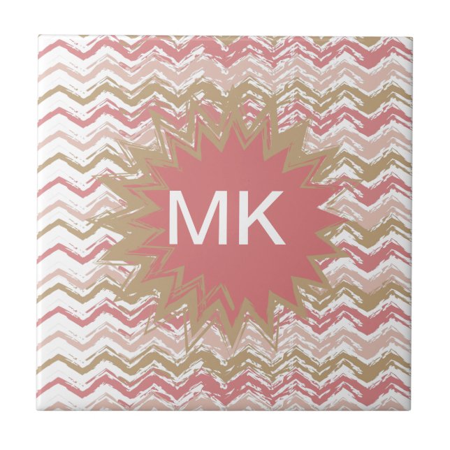 Coral Spice Scribble ZigZag Chevron Pattern Tile (Front)