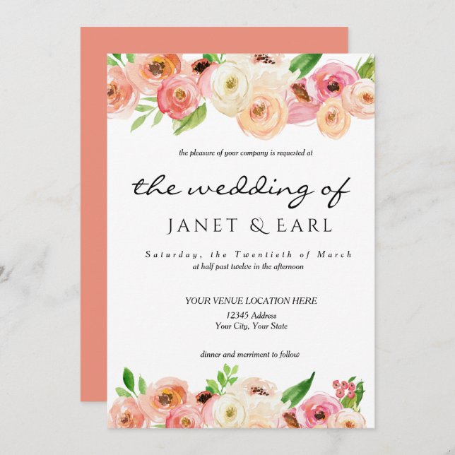 Coral Spring Floral Wedding  Leaf Invitation (Front/Back)