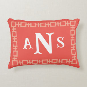 Coral Square Greek Key Monogram Decorative Cushion