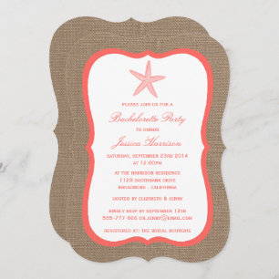 Coral Starfish Beach Burlap Bachelorette Party Invitation