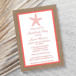 Coral Starfish Beach Burlap Bachelorette Party Invitation