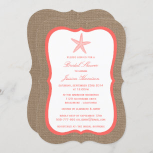 Coral Starfish Beach Burlap Bridal Shower Invitation