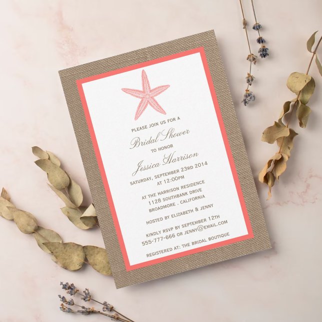 Coral Starfish Beach Burlap Bridal Shower Invitation (Creator Uploaded)