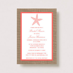 Coral Starfish Beach Burlap Bridal Shower Invitation