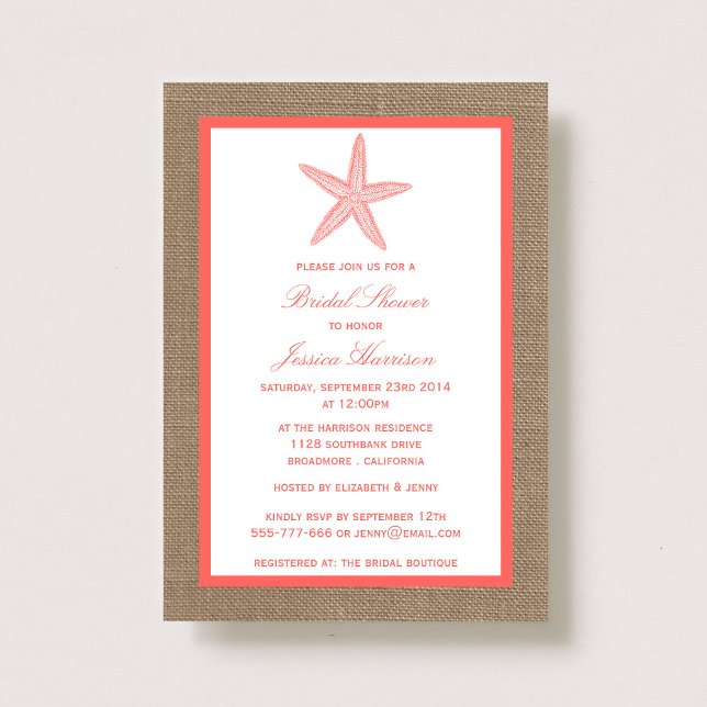 Coral Starfish Beach Burlap Bridal Shower Invitation (Creator Uploaded)