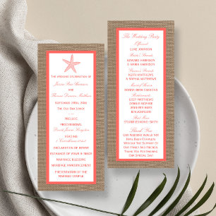 Coral Starfish Burlap Beach Wedding Program Rack Card