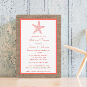Coral Starfish On Burlap Beach Rehearsal Dinner Invitation