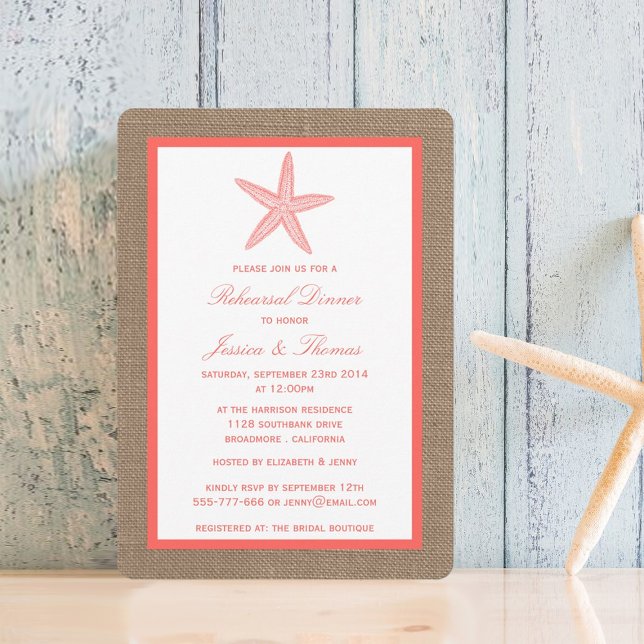Coral Starfish On Burlap Beach Rehearsal Dinner Invitation (Creator Uploaded)