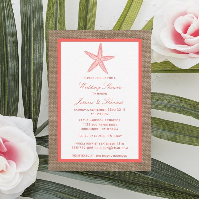 Coral Starfish On Burlap Beach Wedding Shower Invitation (Creator Uploaded)