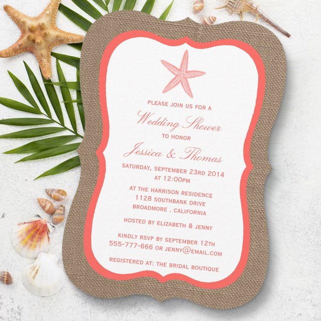 Coral Starfish On Burlap Beach Wedding Shower Invitation (Creator Uploaded)