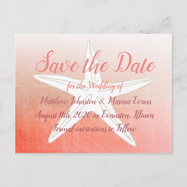 Coral Starfish Personalised Save the Date Postcard (Front)