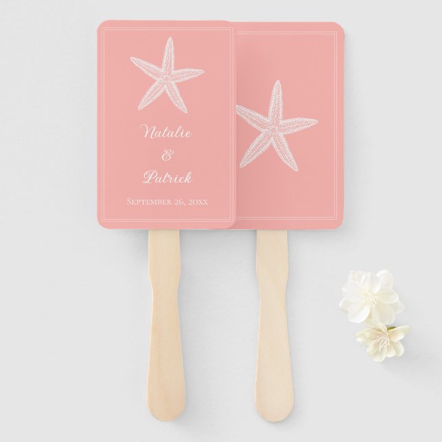 Coral Starfish Wedding Hand Fans (Front and Back)