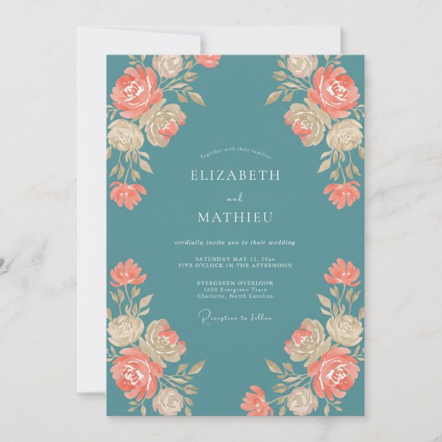 Coral Steel Blossom Wedding Invitation (Front)