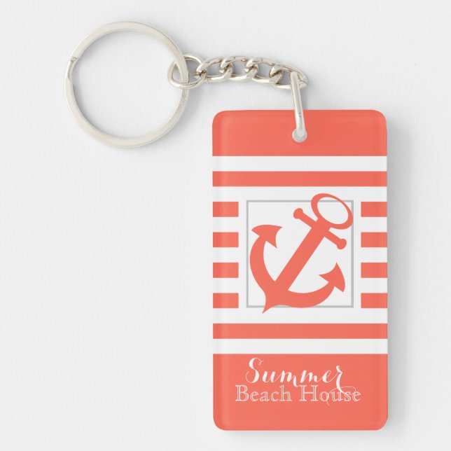 Coral Stripe Beach House Key Ring (Front)