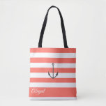 Coral Stripe Nautical Anchor Personalised Tote Bag<br><div class="desc">Nautical anchor on living coral and white stripe background,  personalised bridal party tote bag. Personalise text,  font style,  colour and size. Stripes shown in living coral can be customised to your choice of colour.</div>