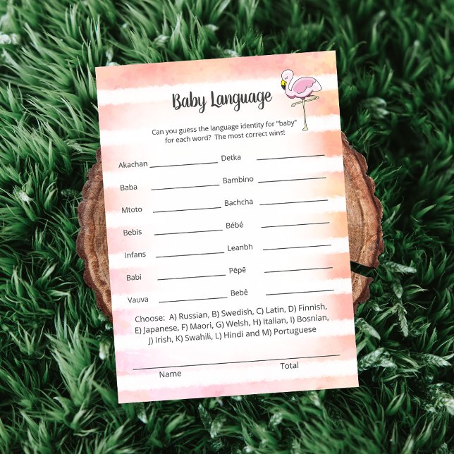 Coral Striped Flamingo Baby Language Shower Game Invitation (Creator Uploaded)