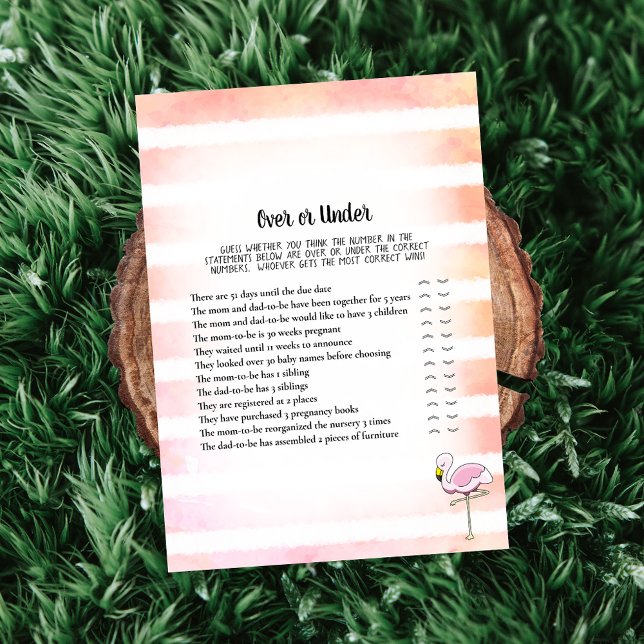 Coral Striped Flamingo Over Under Baby Shower Game Invitation (Creator Uploaded)