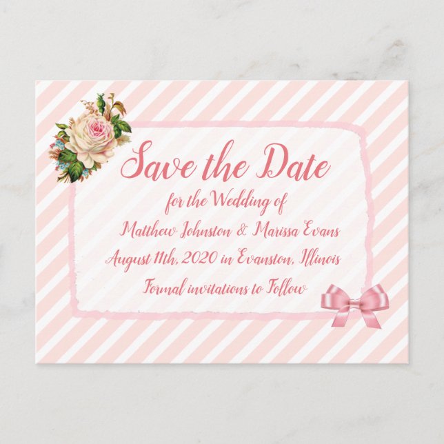 Coral Striped Personalised Save the Date Postcard (Front)
