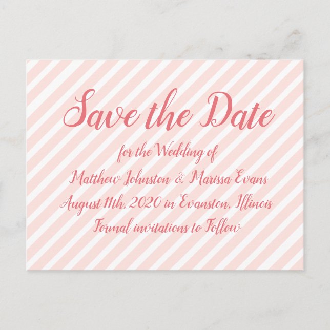 Coral Striped Personalised Save the Date Postcard (Front)