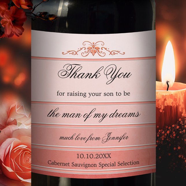 Coral Striped Tone on Tone Romantic Wedding Wine Label (Creator Uploaded)