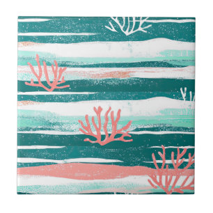 Coral Stripes Coastal Watercolor Pattern (2) Tile