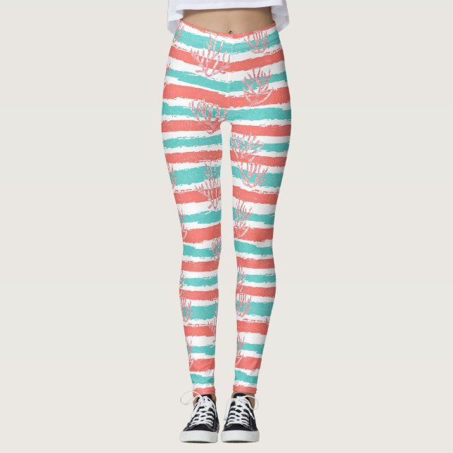 Coral Stripes Coastal Watercolor Pattern Leggings (Front)