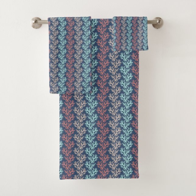 Coral Stripes Navy Towel Set (Insitu)