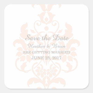 Coral Subtle Damask Save the Date Stickers