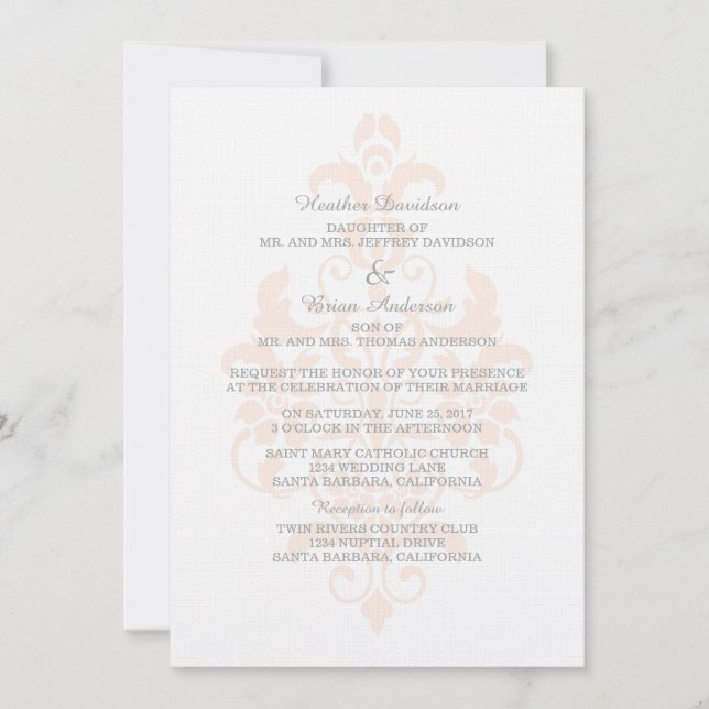 Coral Subtle Damask Wedding Invite (Front)