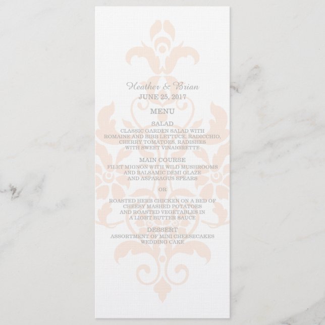 Coral Subtle Damask Wedding Menu (Front)