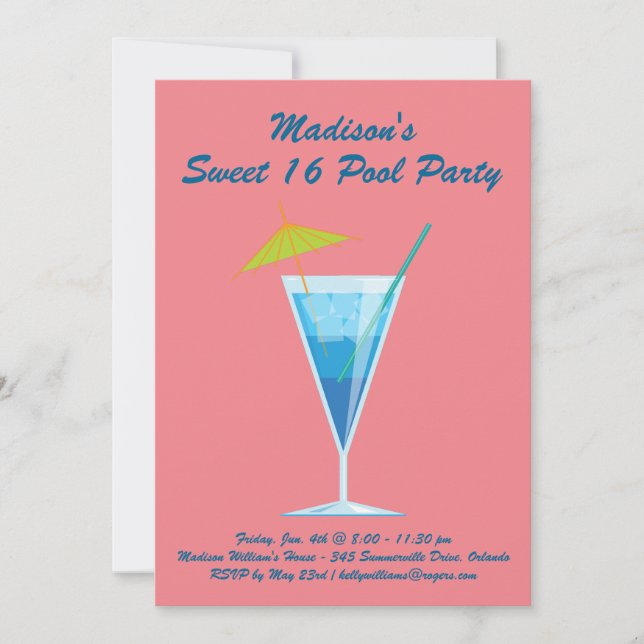 Coral Sweet 16 Pool Party Invitation (Front)