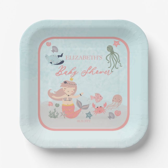 Coral Sweet Little Mermaid Sea Girl Baby Shower Pa Paper Plate (Front)