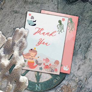 Coral Sweet Mermaid Sea Girl Baby Shower Thank You Card