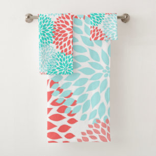 Coral Teal Aqua dahlia floral bath decor Towel Set