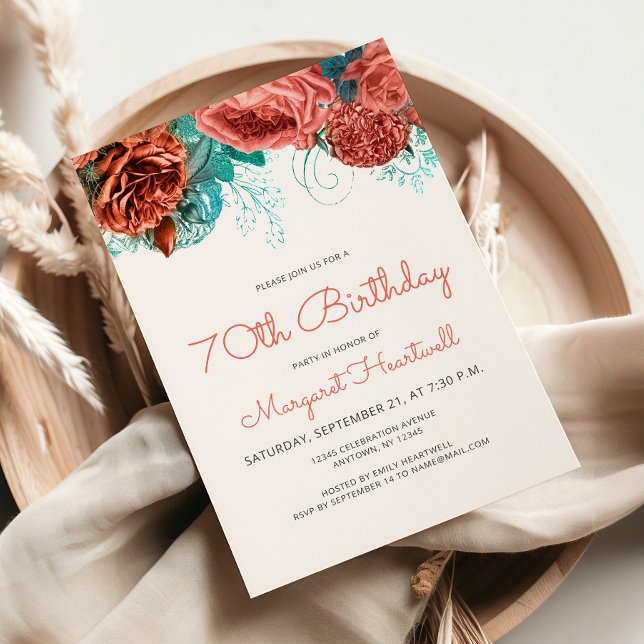 Coral Teal Blue Floral 70th Birthday Party Invitation (Creator Uploaded)