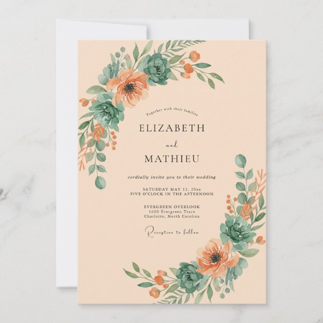 Coral Teal Botanical Flourish Wedding Invitation (Front)