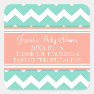 Coral Teal Chevron Baby Shower Favour Stickers