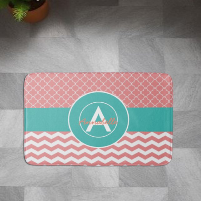 Coral Teal Chevron Quatrefoil Bath Mat (Creator Uploaded)