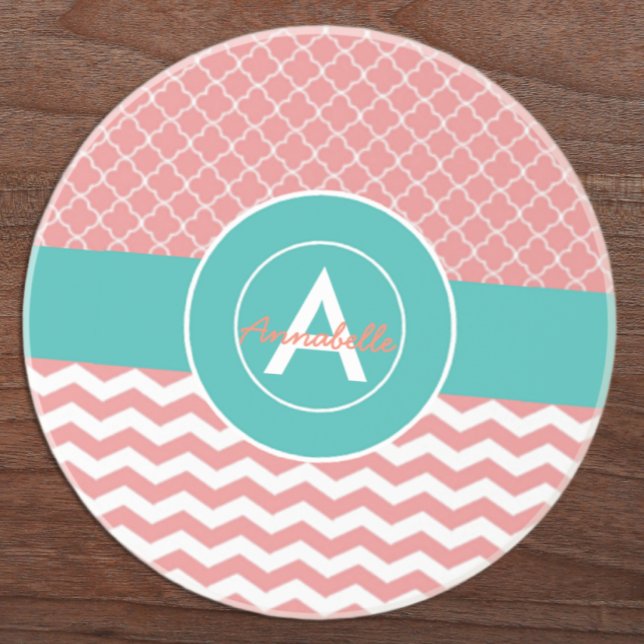 Coral Teal Chevron Quatrefoil Coaster (Creator Uploaded)