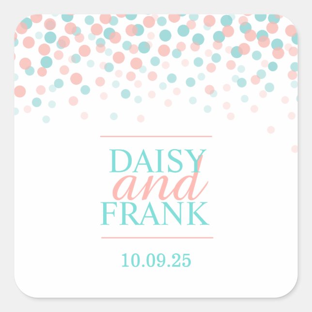 Coral teal confetti falling dots wedding sticker (Front)