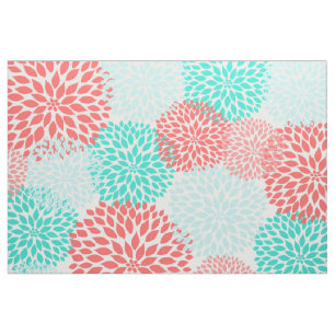 Coral Teal dahlias, modern floral print Fabric